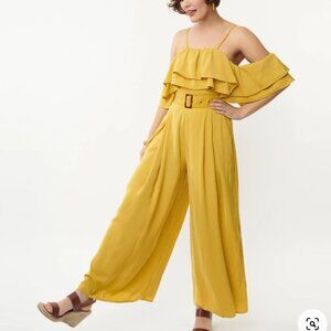 Unique Vintage Off-the-Shoulder Yellow Jumpsuit - small